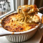 A spoonful of hot, cheesy stuffed mushroom dip is lifted from a white ramekin, showing a dramatic cheese pull.