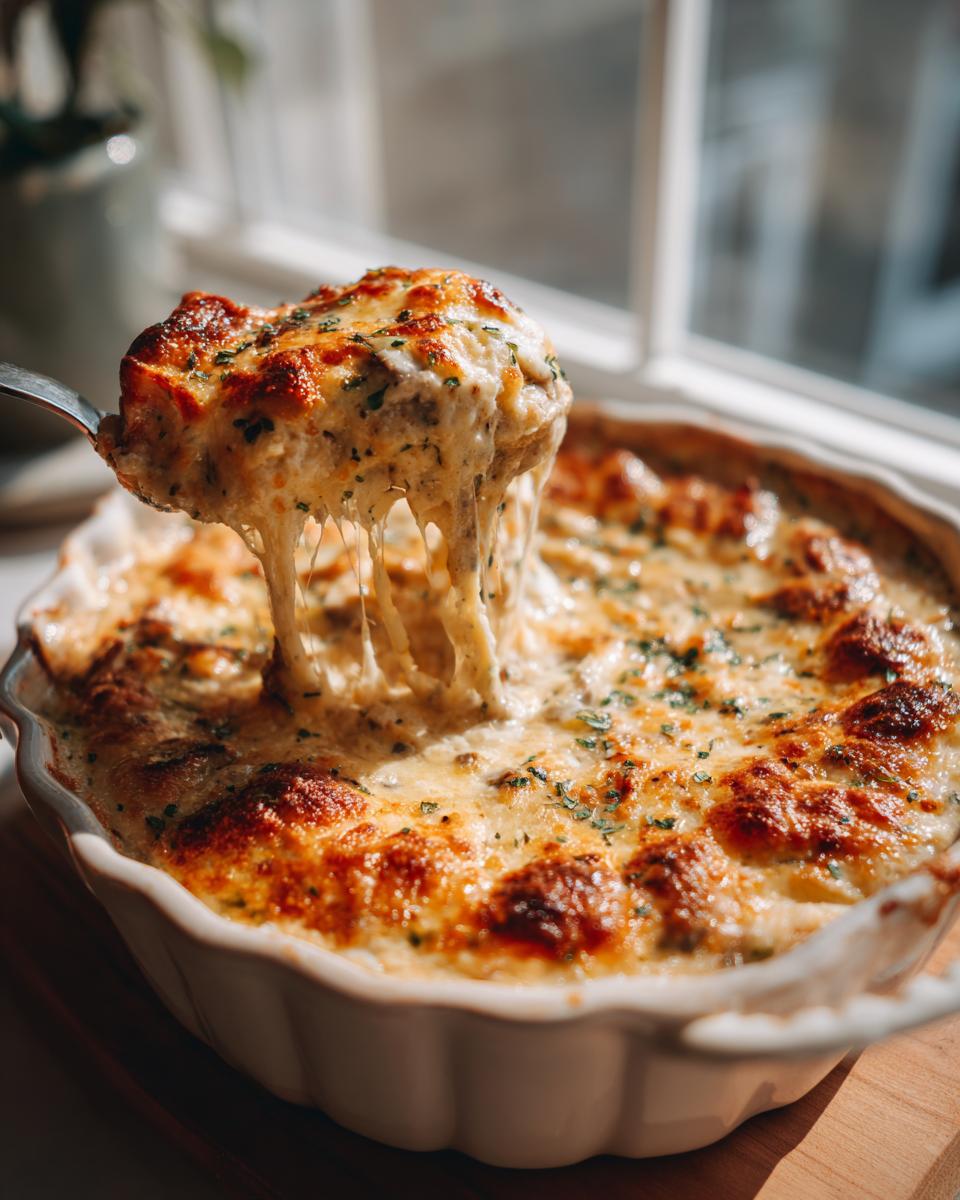 A spoonful of hot, cheesy stuffed mushroom dip being lifted from a white baking dish, showing long cheese pulls.