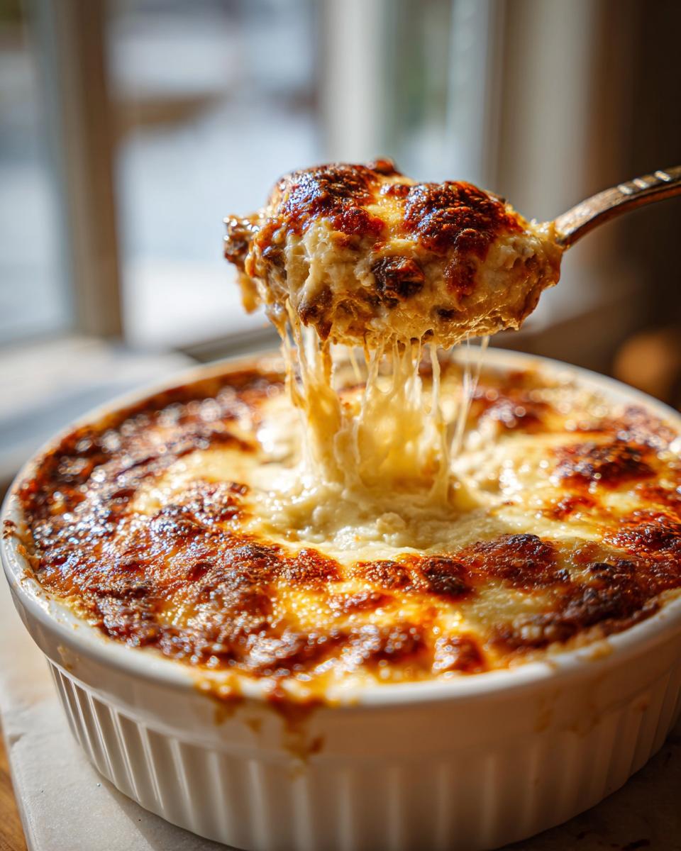 A spoonful of hot, cheesy stuffed mushroom dip being lifted, showing long, melted cheese pulls.