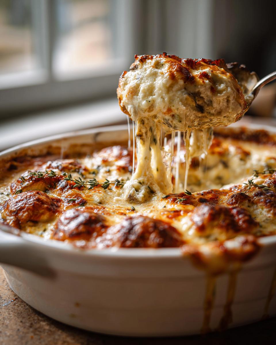 A spoonful of hot, cheesy stuffed mushroom dip being lifted from a white baking dish, showing long cheese pulls.