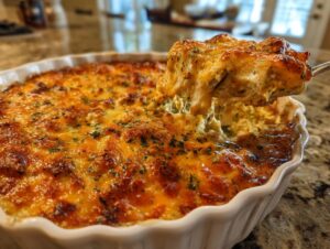 A spoonful of hot, cheesy stuffed mushroom dip being lifted from a white baking dish.