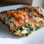 Two pieces of baked stuffed salmon with a creamy spinach filling and a golden, cheesy crust.