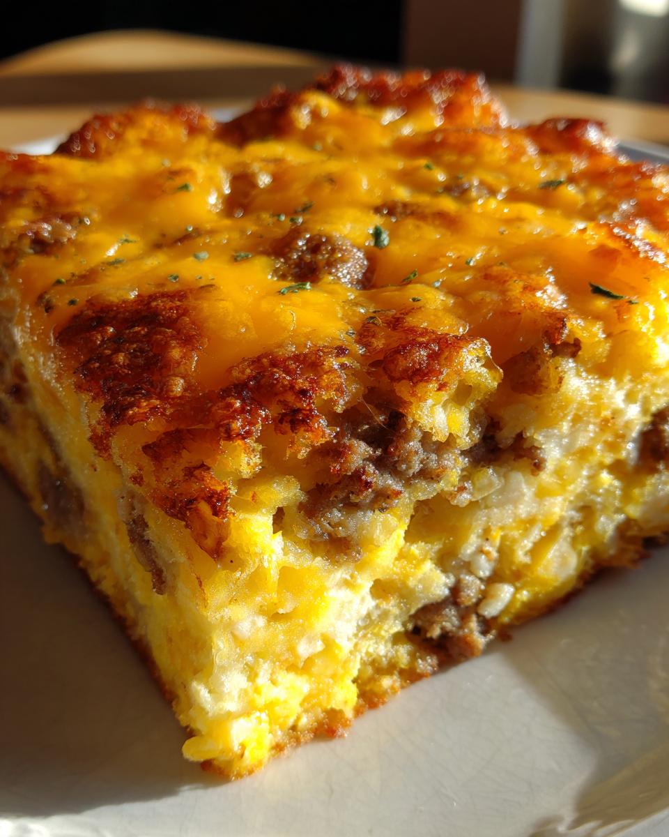 A close-up, sunlit slice of tater tot breakfast casserole featuring melted cheddar cheese and sausage.