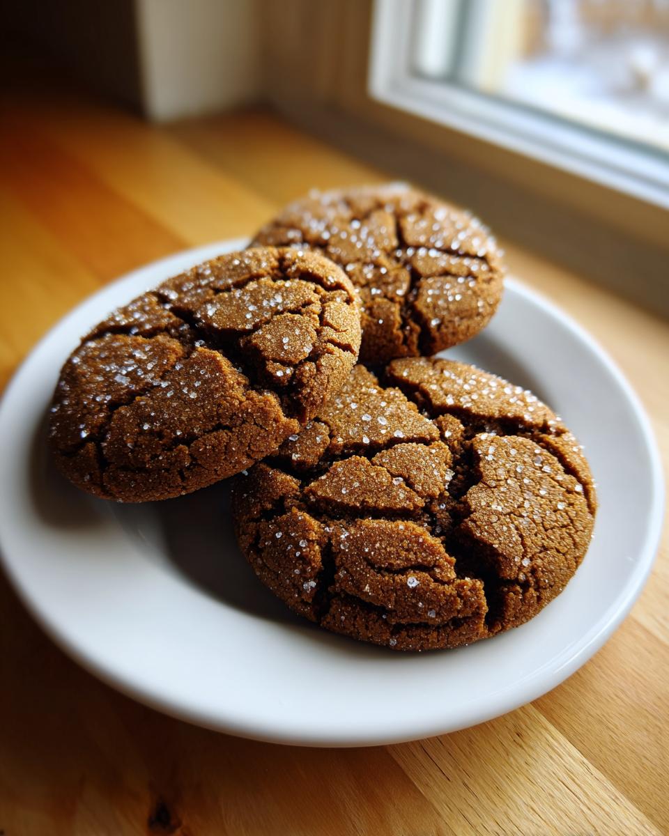 Three dark, crinkled gingersnap cookies generously topped with coarse sugar crystals on a white plate.