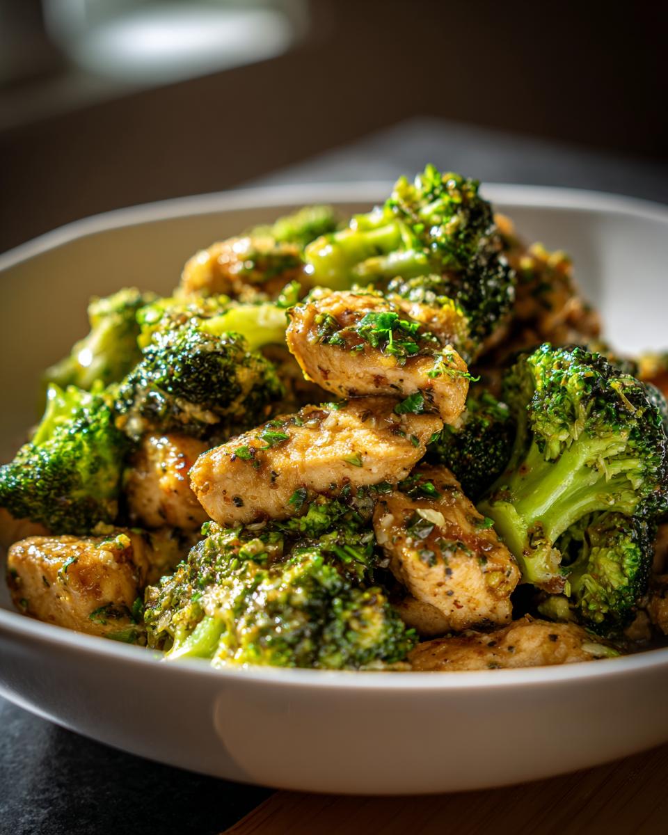 Close-up of tender chicken pieces mixed with bright green broccoli florets in a savory sauce, featuring chicken and broccoli.
