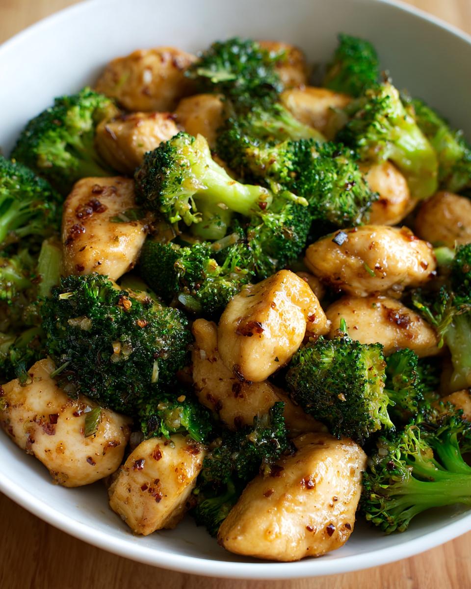 Close-up of tender chicken pieces mixed with bright green broccoli florets in a savory sauce, showcasing the chicken and broccoli skillet.