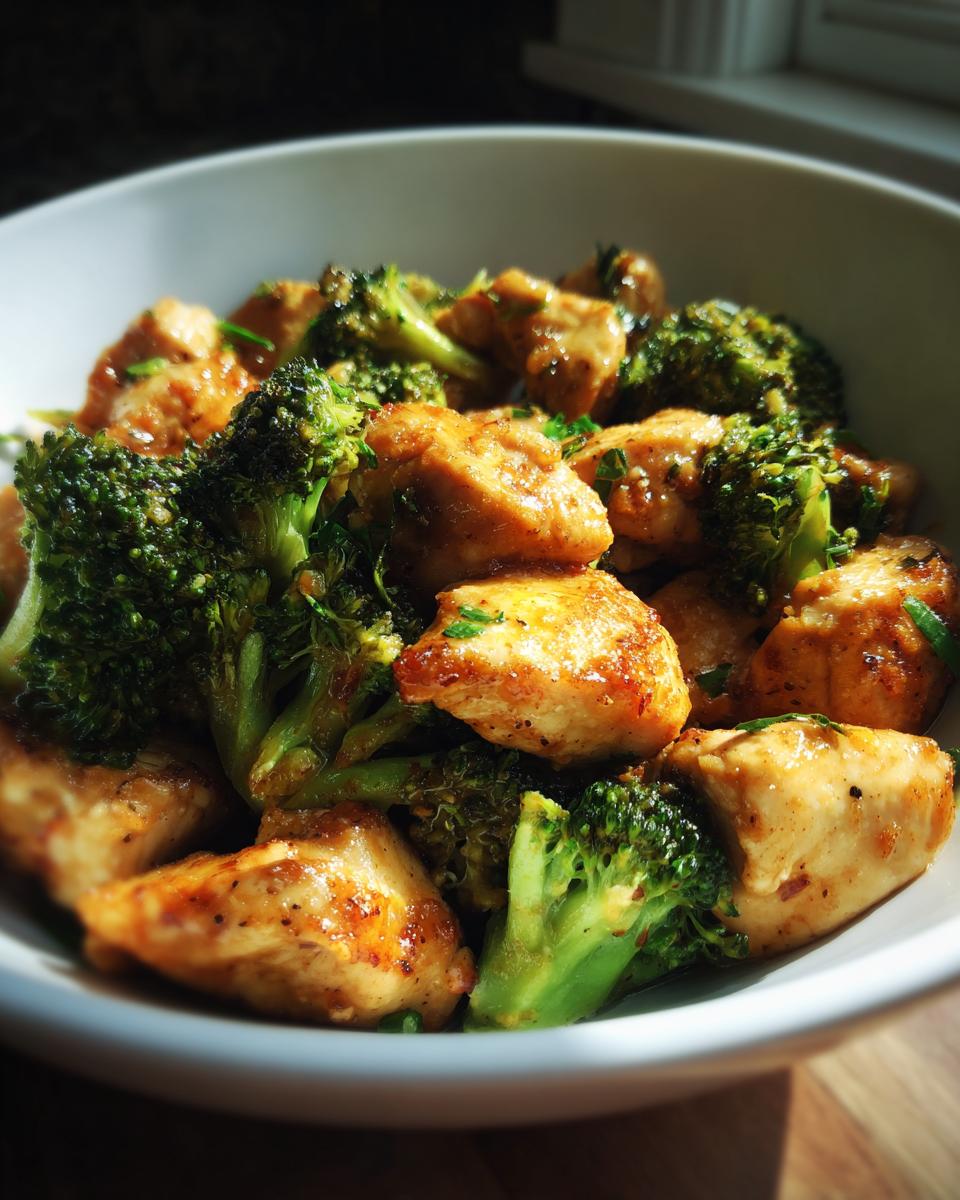 Close-up of golden brown chicken pieces mixed with bright green broccoli florets in a white bowl, featuring the chicken and broccoli dish.