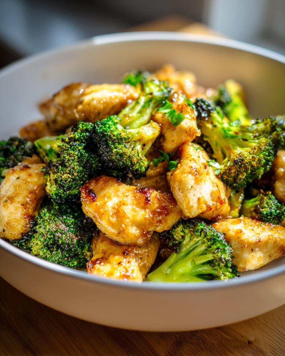 Close-up of golden, glazed chicken pieces mixed with bright green broccoli florets in a white bowl.