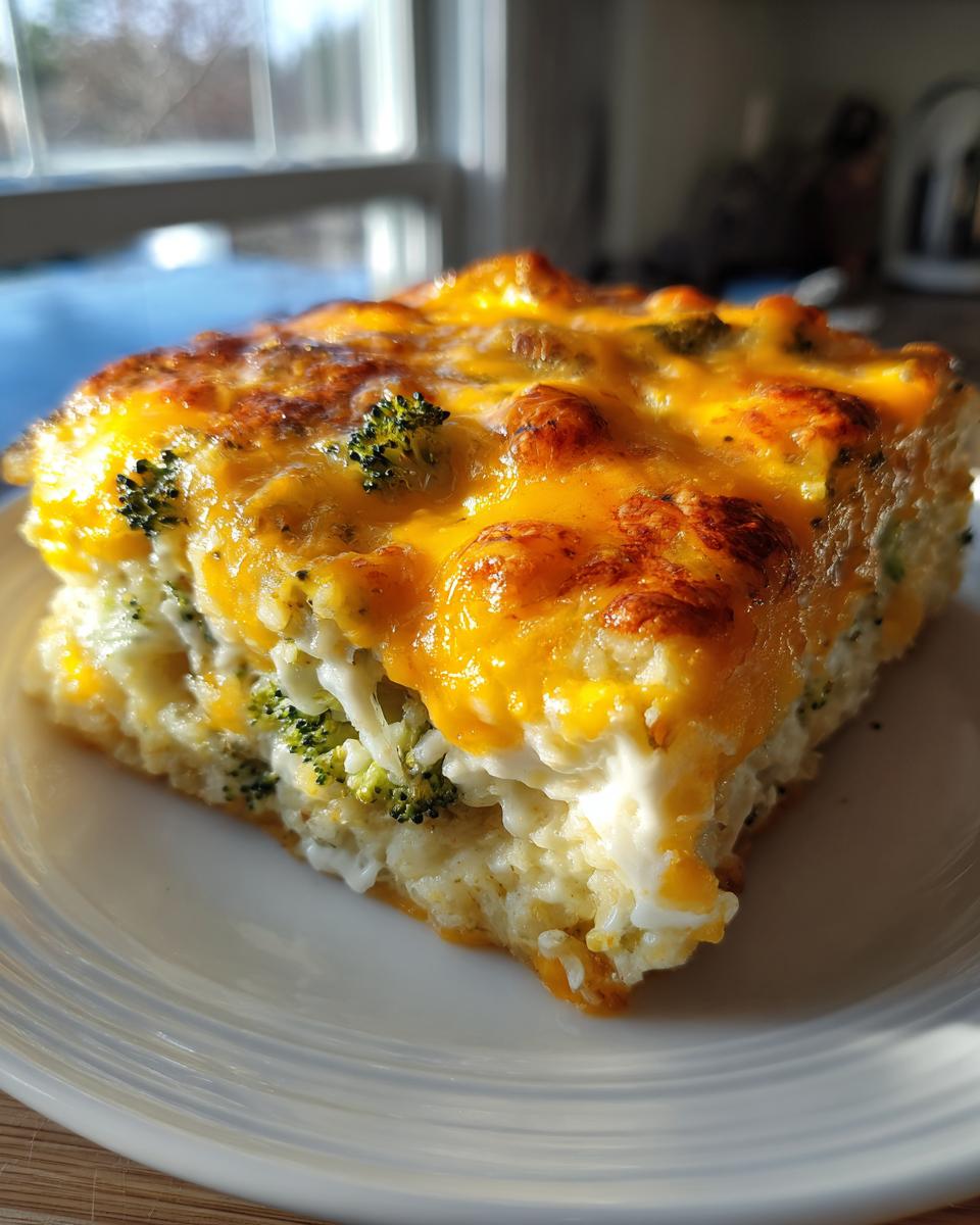 A close-up of a square slice of creamy chicken broccoli rice casserole topped with melted, browned cheddar cheese.