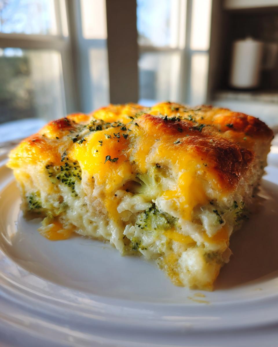 A hearty slice of chicken broccoli rice casserole with a golden, melted cheddar cheese topping and parsley.