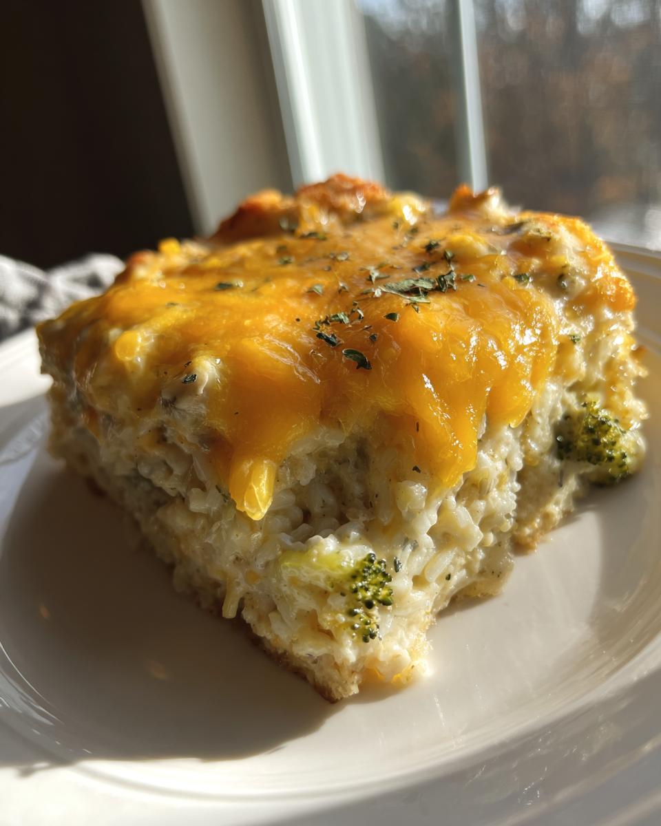 A close-up of a square serving of creamy chicken broccoli rice casserole topped with melted cheddar cheese and herbs.