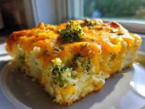 A close-up of a warm slice of chicken broccoli rice casserole topped with melted cheddar cheese and herbs.
