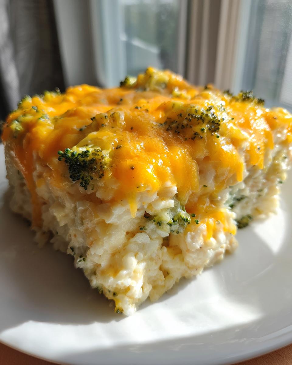 A square serving of creamy chicken broccoli rice casserole topped with melted cheddar cheese.