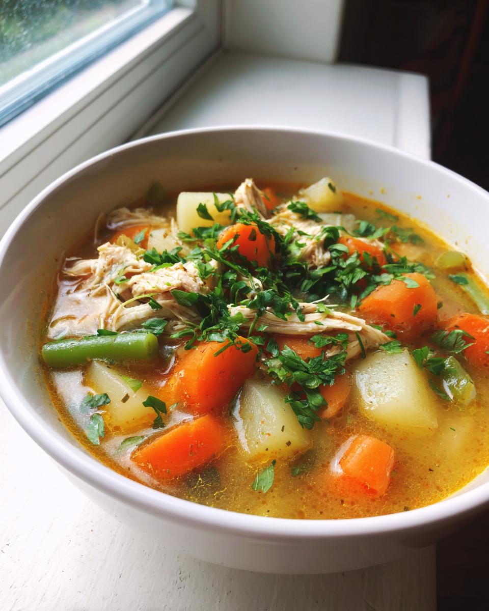 Close-up of a white bowl filled with rich chicken vegetable soup, featuring shredded chicken, carrots, potatoes, and green beans, topped with fresh parsley.