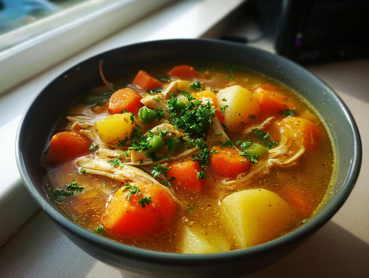 Close-up of a bowl of homemade chicken vegetable soup, featuring shredded chicken, large chunks of carrots, potatoes, and fresh parsley garnish.