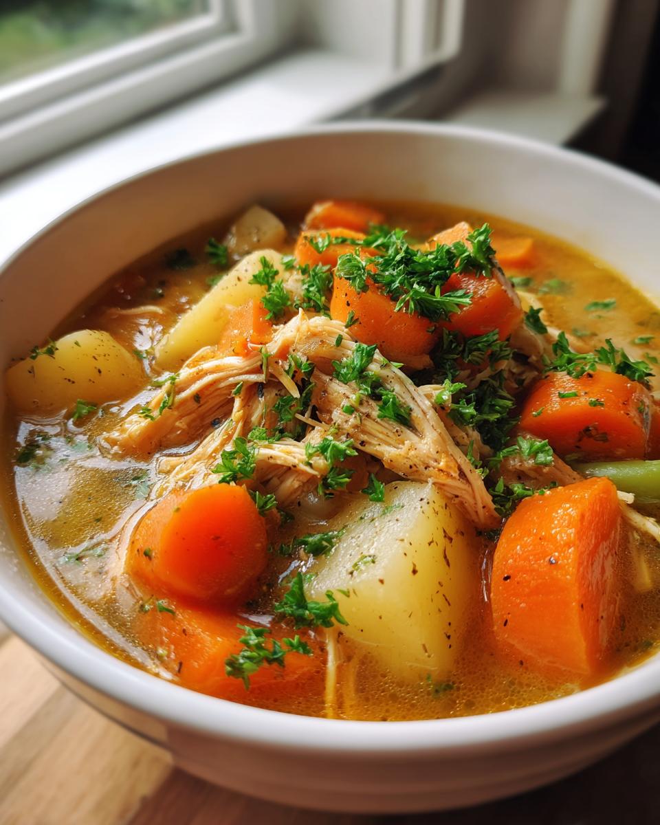 Close-up of a white bowl filled with rich chicken vegetable soup, featuring shredded chicken, large chunks of carrots, potatoes, and fresh parsley.