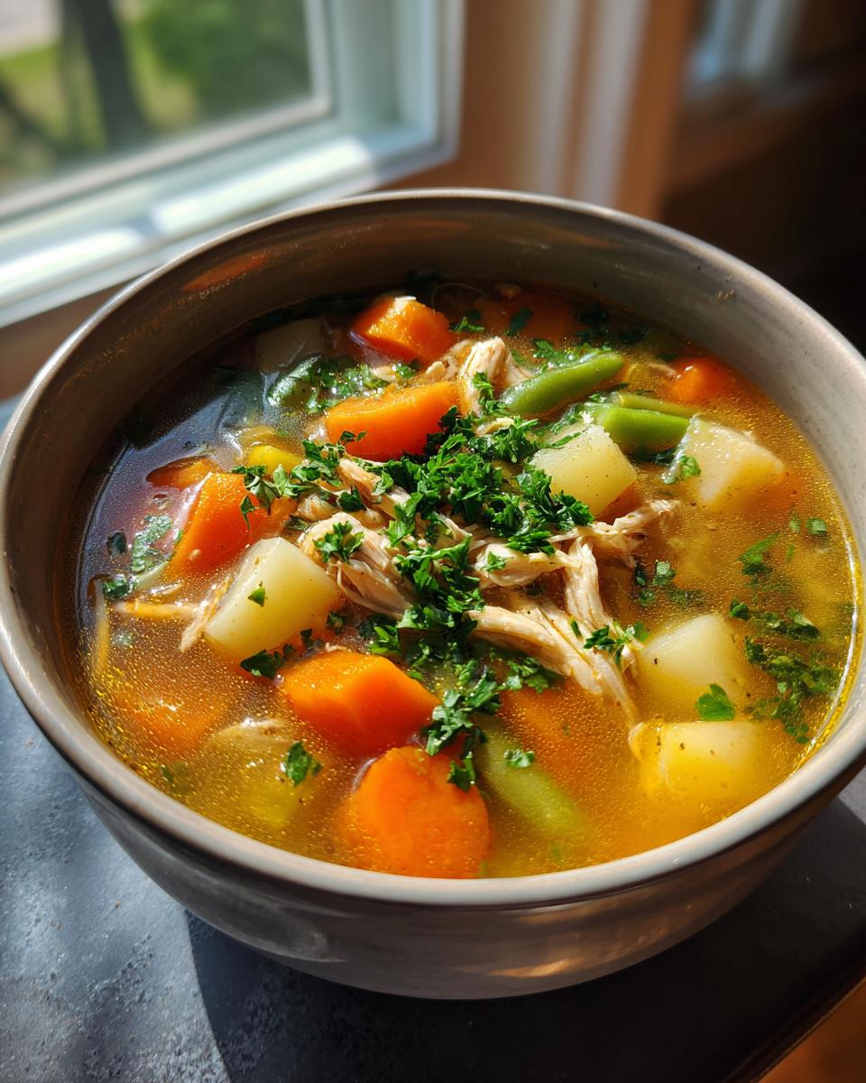A close-up of a hearty bowl of chicken vegetable soup filled with shredded chicken, bright orange carrots, potatoes, and green beans, topped with fresh parsley.