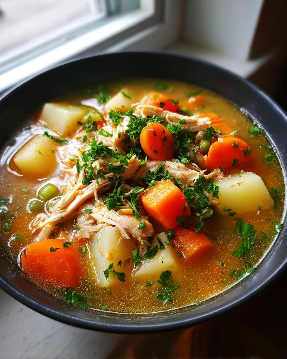 Close-up of a bowl of rich chicken vegetable soup with shredded chicken, large chunks of carrots, potatoes, and peas, topped with fresh parsley.
