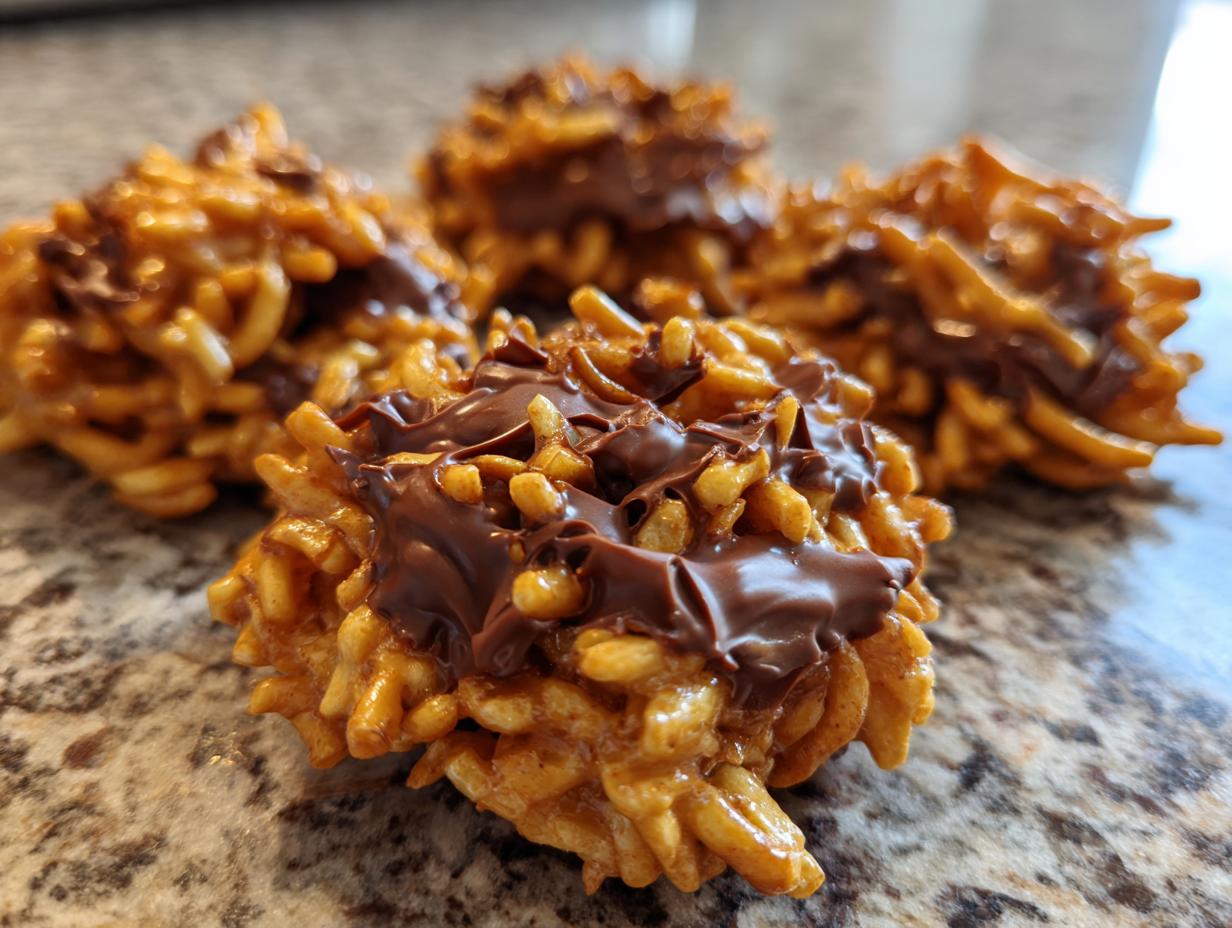 Four no-bake haystack cookies made with chow mein noodles and topped with melted chocolate drizzle.