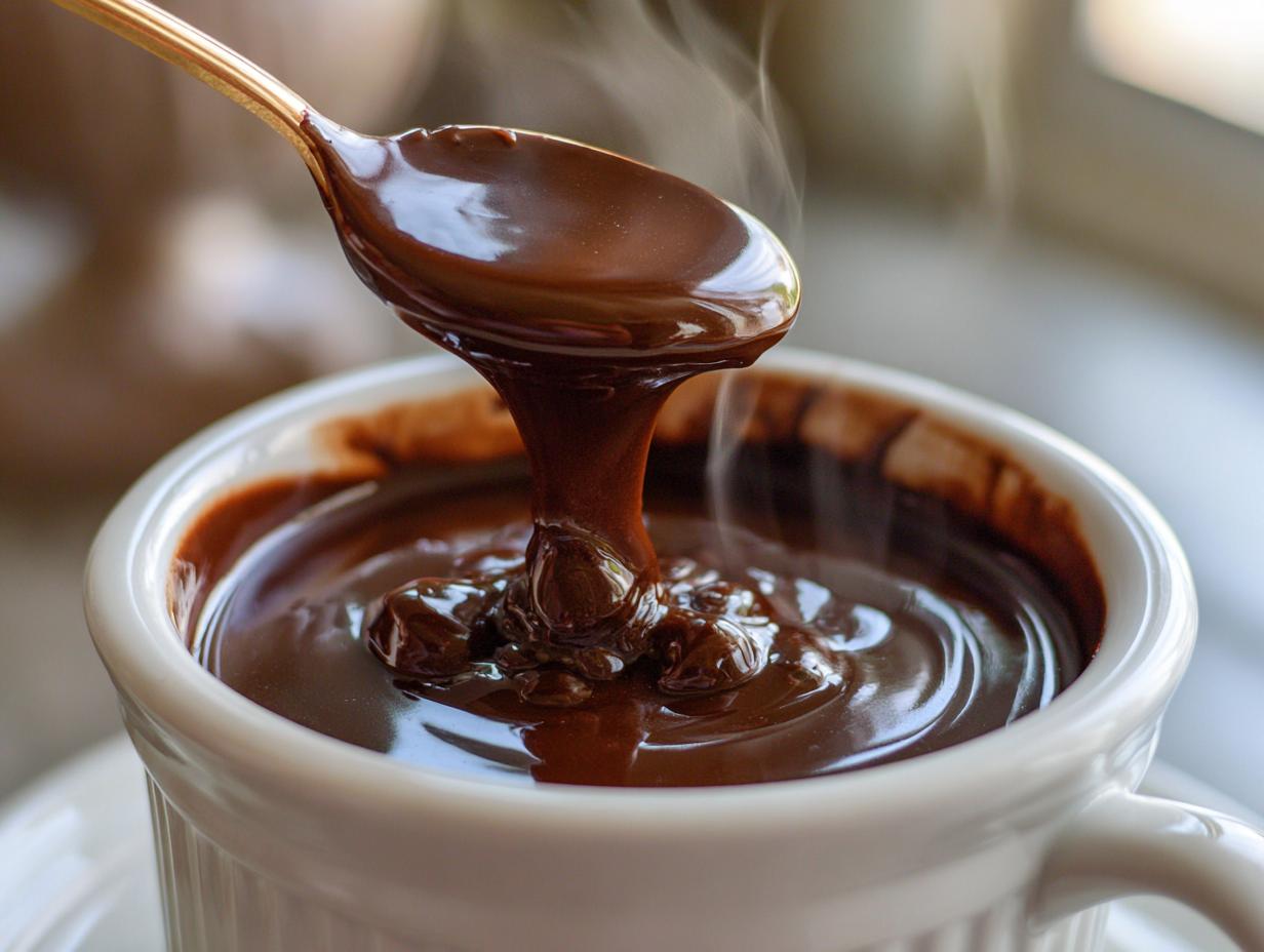 Close-up of rich, dark chocolate fondue dripping from a golden spoon back into a white ramekin, showing steam rising.