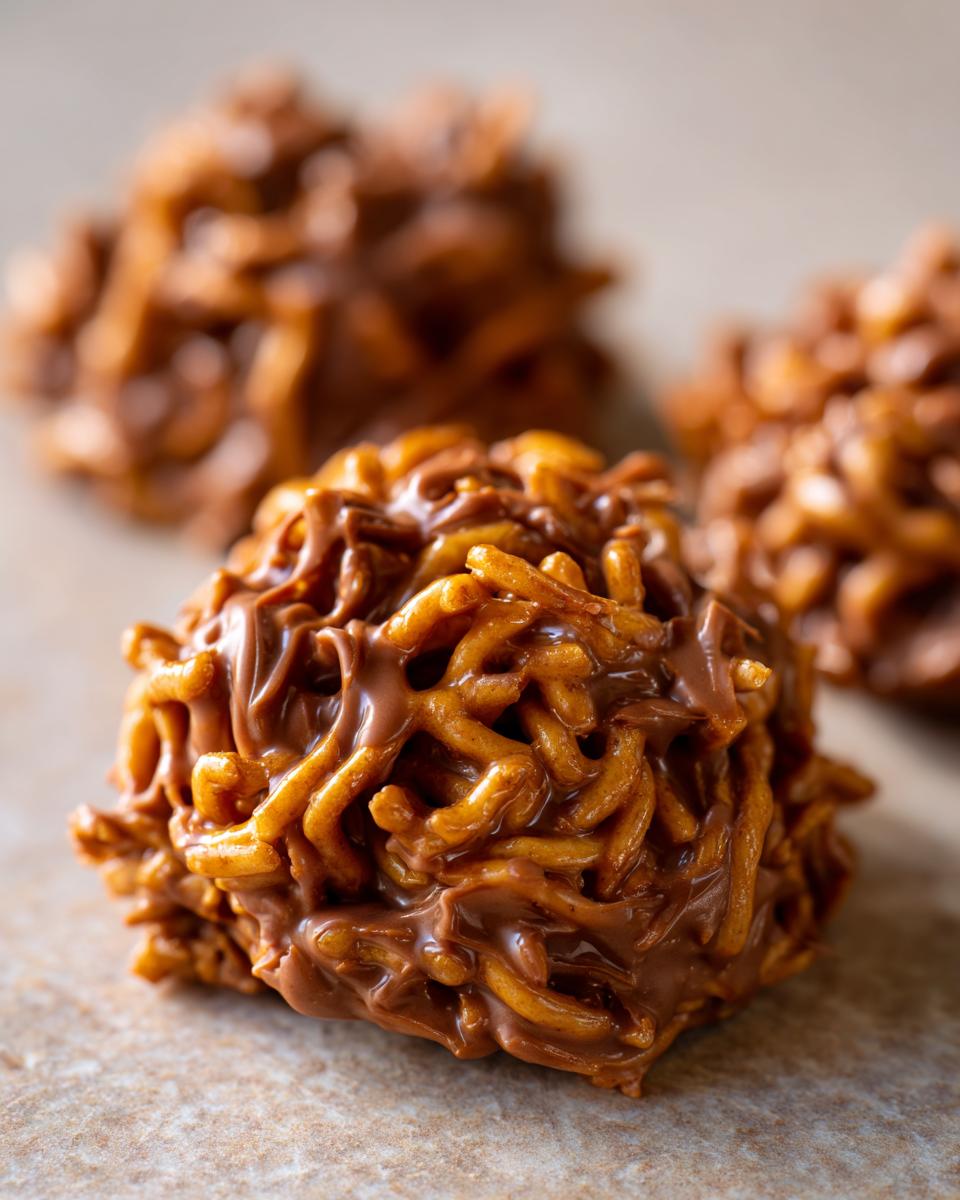 A close-up of a freshly made chocolate haystack cookie showing the chow mein noodles coated in melted chocolate.