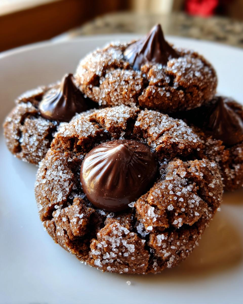 Close-up of several rich, dark chocolate peanut butter blossoms cookies rolled in sugar with a chocolate kiss center.