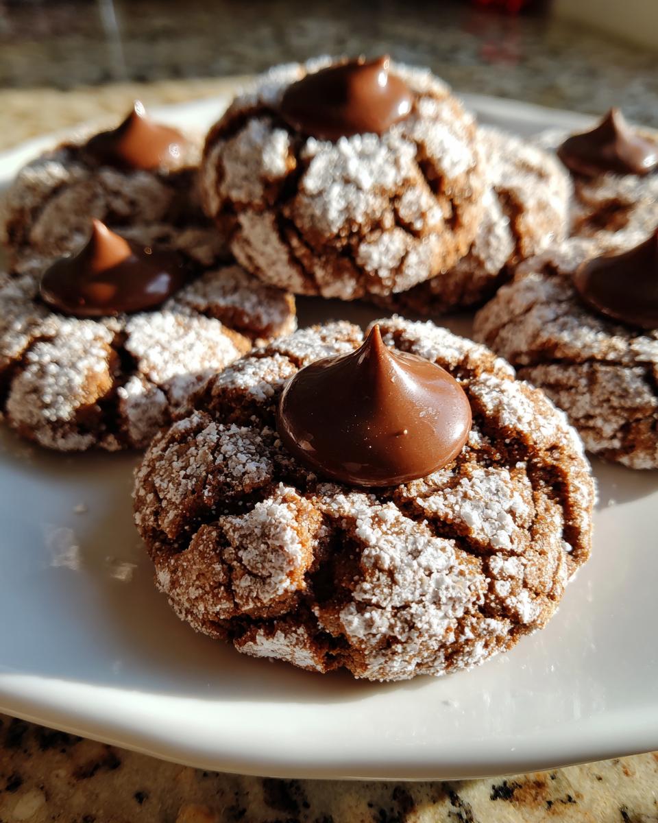 A close-up of several chocolate peanut butter blossoms cookies dusted with powdered sugar, each topped with a chocolate kiss.