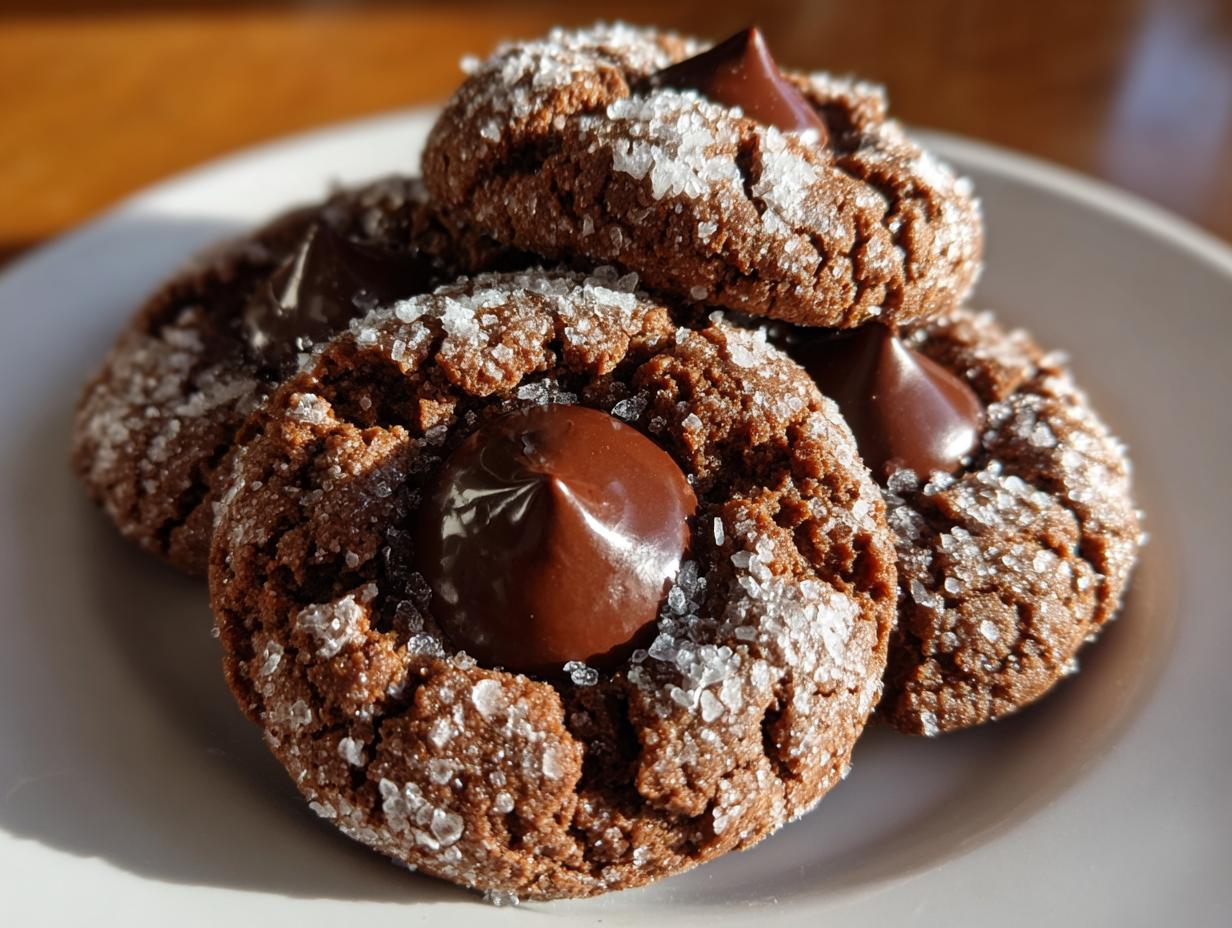 A stack of four rich, crinkled chocolate peanut butter blossoms rolled in coarse sugar, topped with a chocolate kiss.