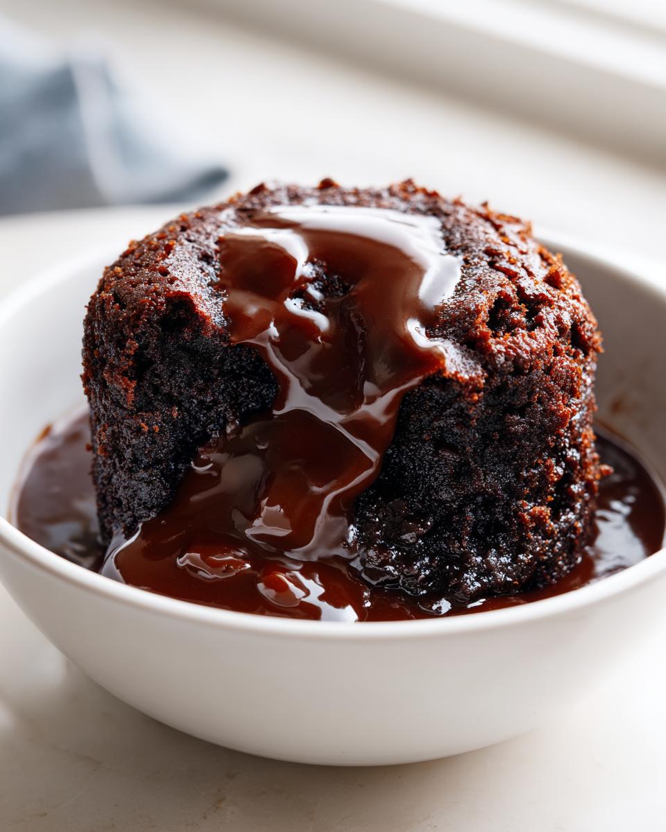 A rich, dark chocolate pudding cake served in a white bowl, covered in glossy chocolate sauce.