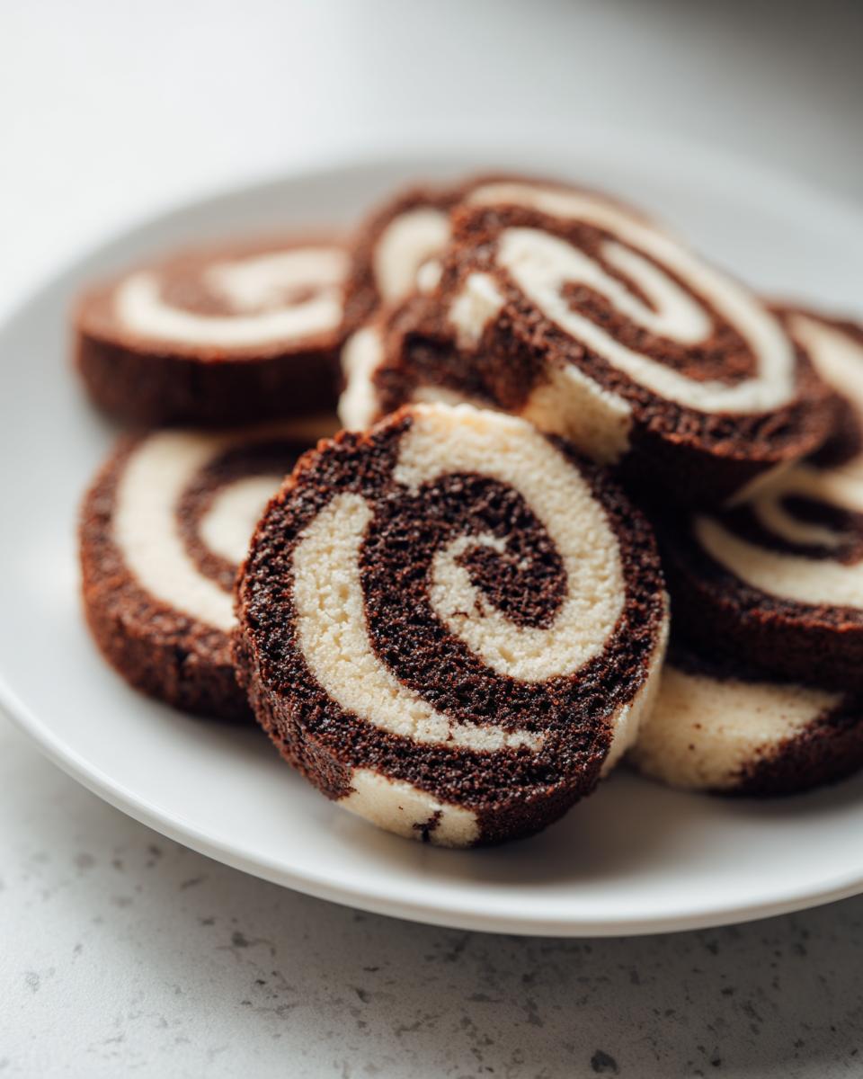 A stack of freshly baked chocolate and vanilla pinwheel cookies showing distinct spiral patterns on a white plate.