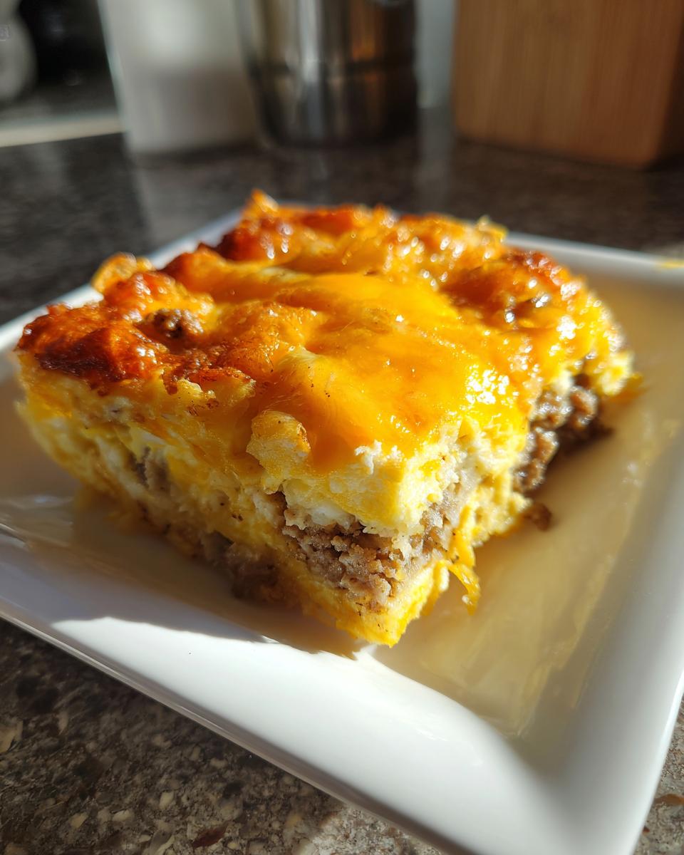 A close-up of a square serving of christmas breakfast casserole topped with melted cheddar cheese.