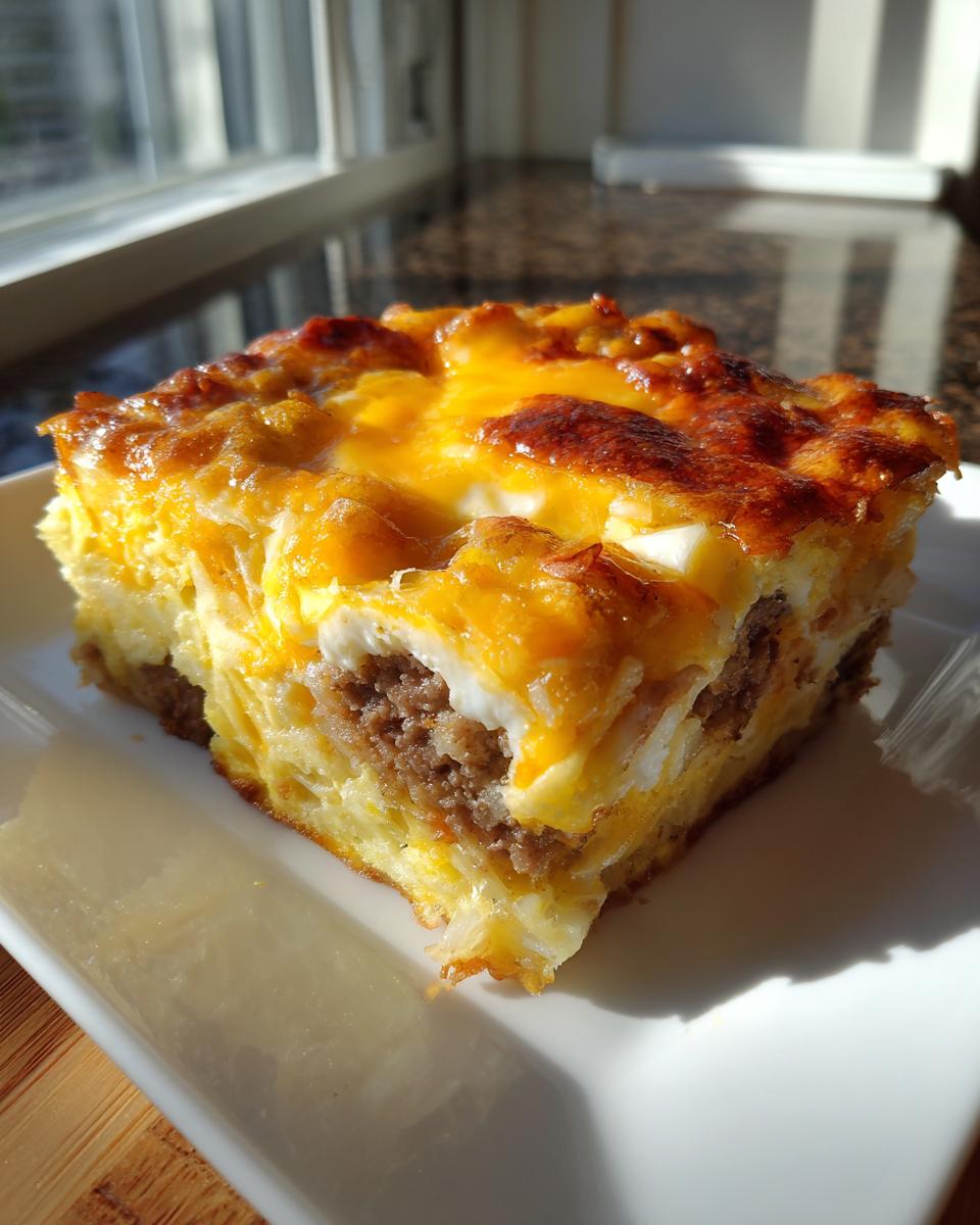 A square serving of a hearty christmas breakfast casserole featuring layers of egg, sausage, and melted cheddar cheese.