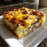 A golden-brown slice of savory christmas breakfast casserole topped with melted cheese and sausage.