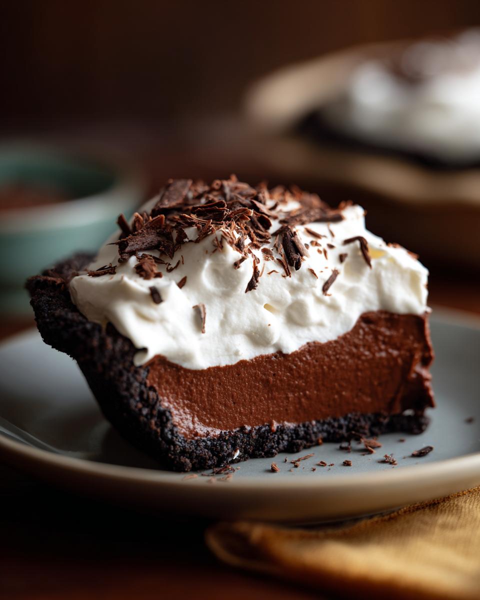 Close-up of a rich slice of Christmas chocolate cream pie featuring a dark crust, thick chocolate filling, and whipped cream topping with shavings.