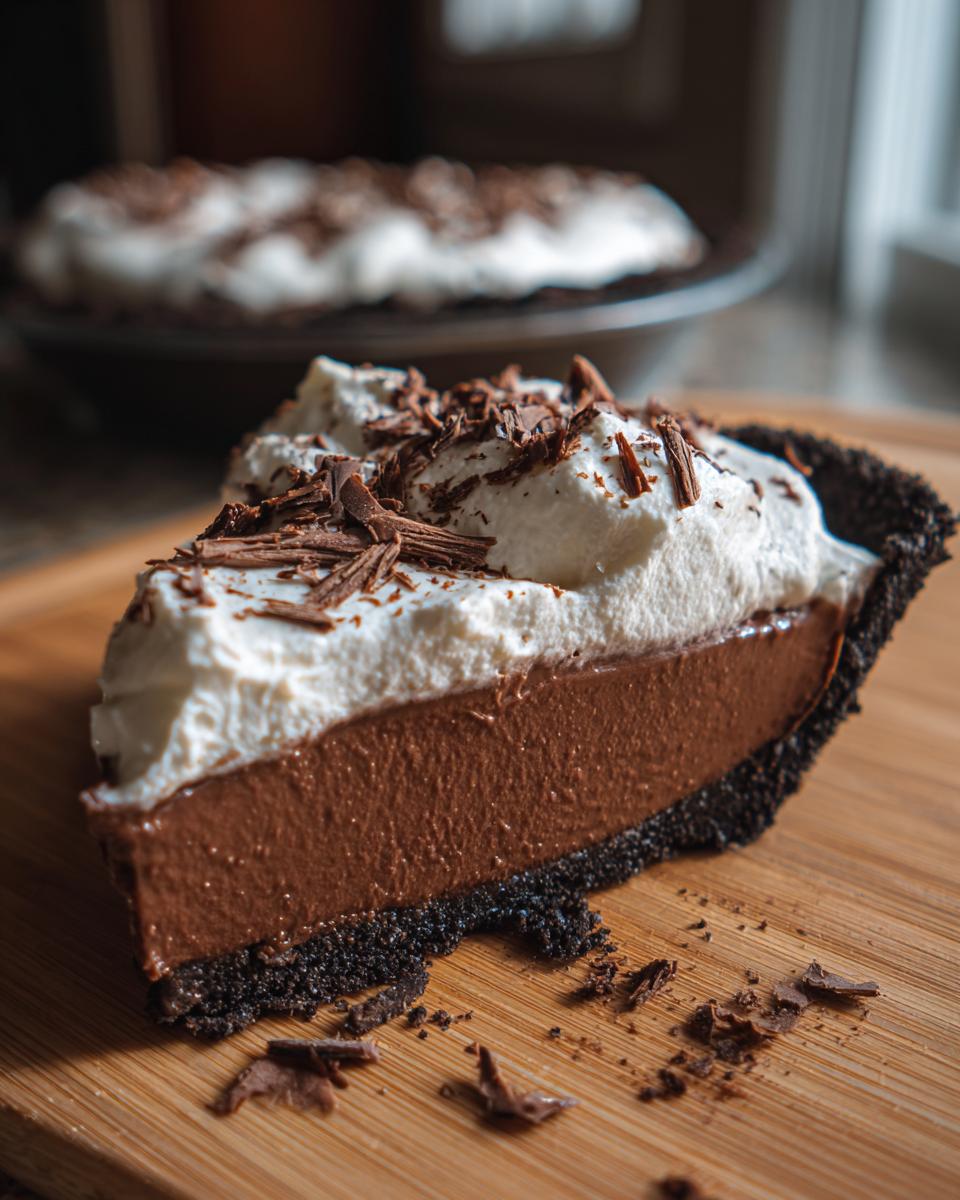 A close-up slice of Christmas chocolate cream pie featuring a dark crust, rich chocolate filling, and whipped cream topped with chocolate shavings.