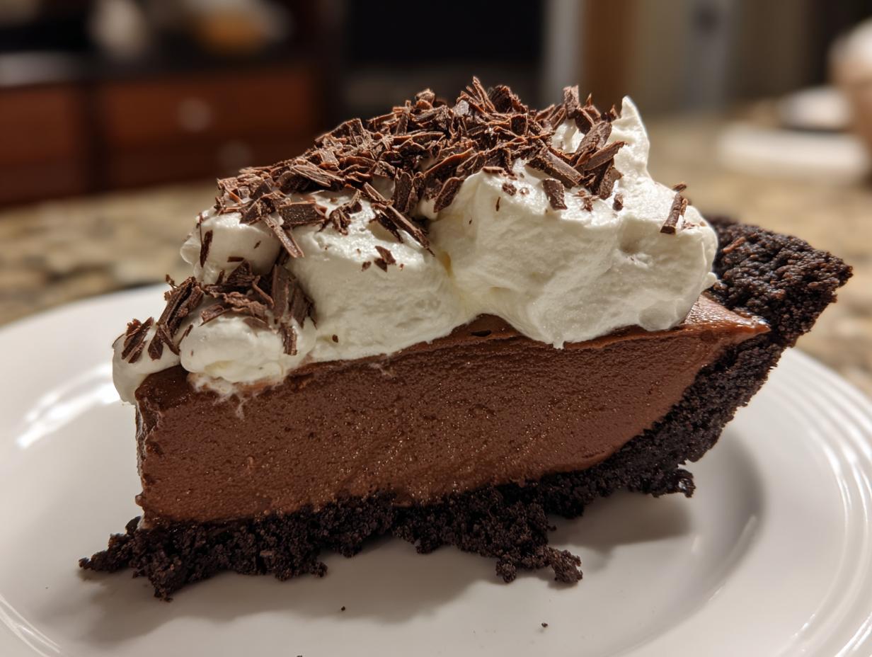 A rich slice of Christmas chocolate cream pie featuring a dark chocolate crust, thick chocolate filling, and generous whipped cream topped with chocolate shavings.
