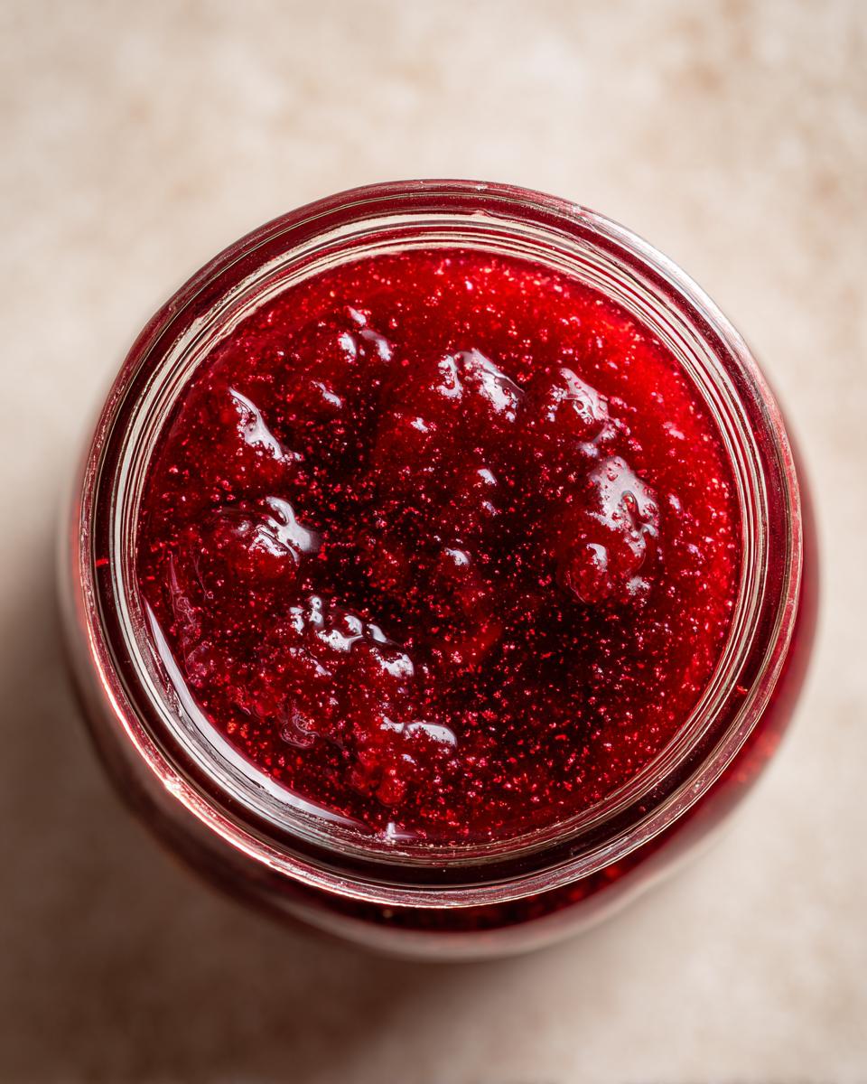 Overhead close-up view of vibrant, deep red christmas jam sealed inside a glass jar.