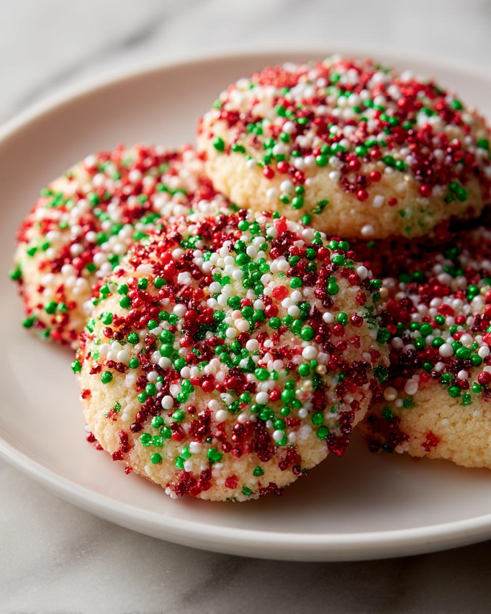 Close-up of several soft christmas sprinkle sugar cookies covered in red, green, and white nonpareils on a white plate.