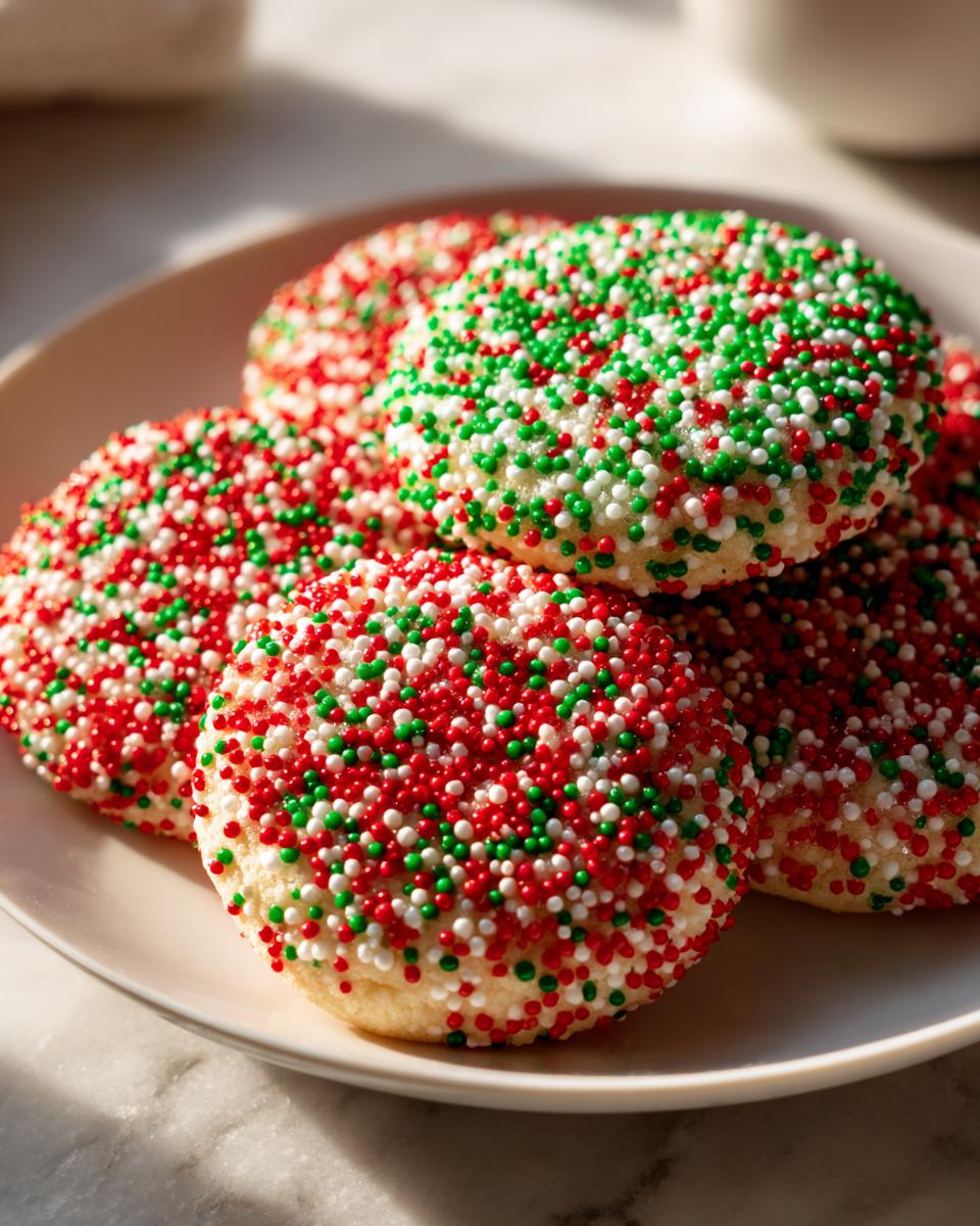 Several soft, round christmas sprinkle sugar cookies generously covered in red, green, and white nonpareils, stacked on a white plate.