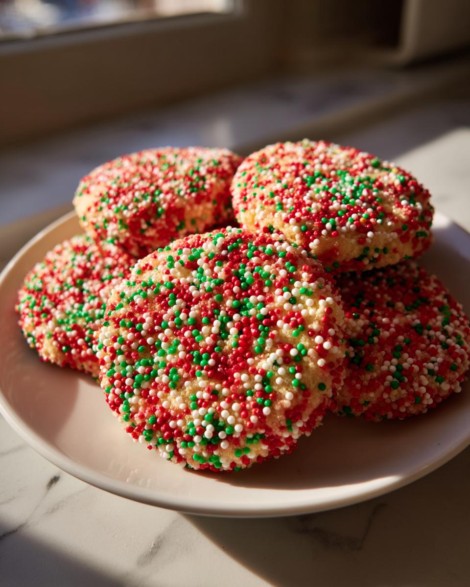 A stack of five round christmas sprinkle sugar cookies covered in red, green, and white nonpareils, resting on a white plate.