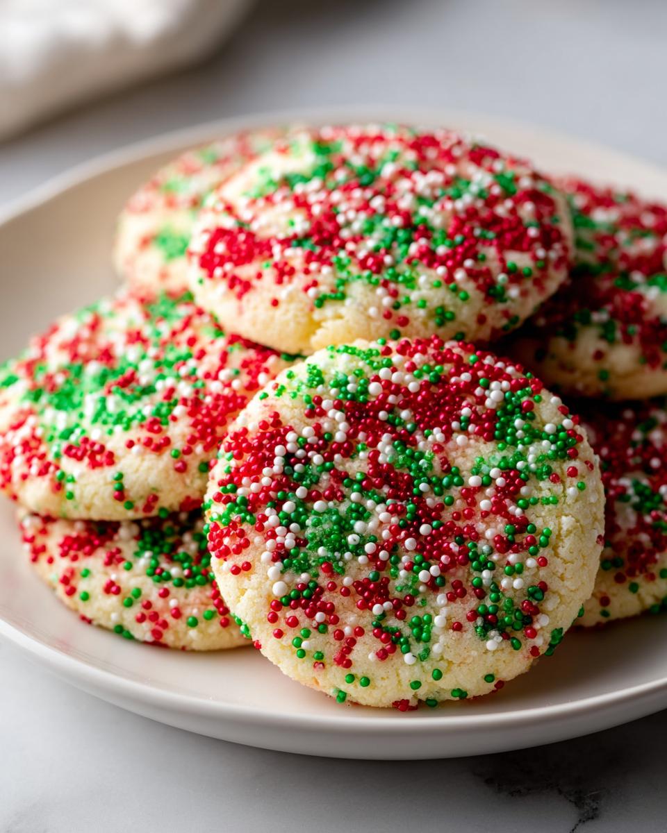 A stack of soft, round christmas sprinkle sugar cookies covered in red, green, and white nonpareils.