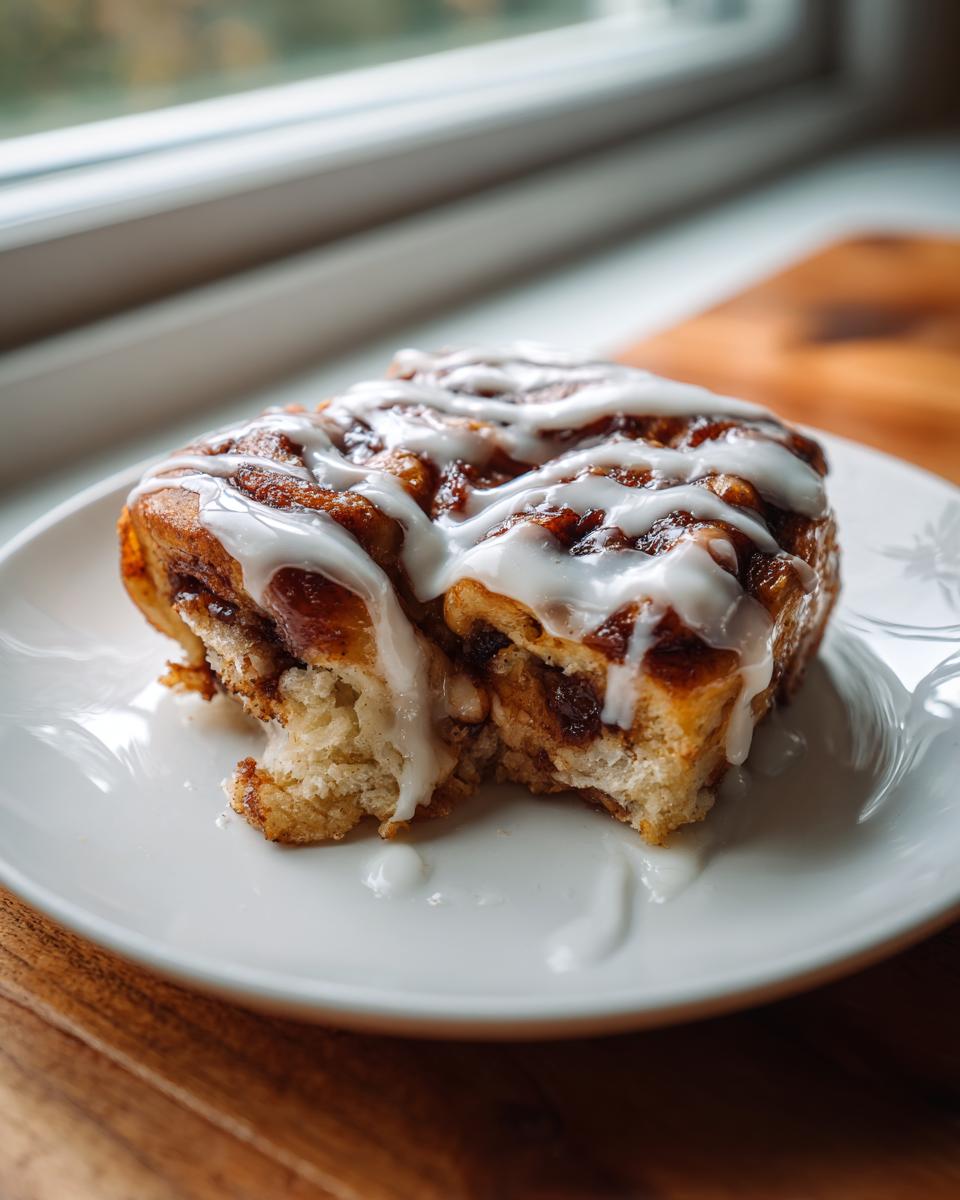 A moist piece of cinnamon roll casserole topped with thick white icing, sitting on a white plate.