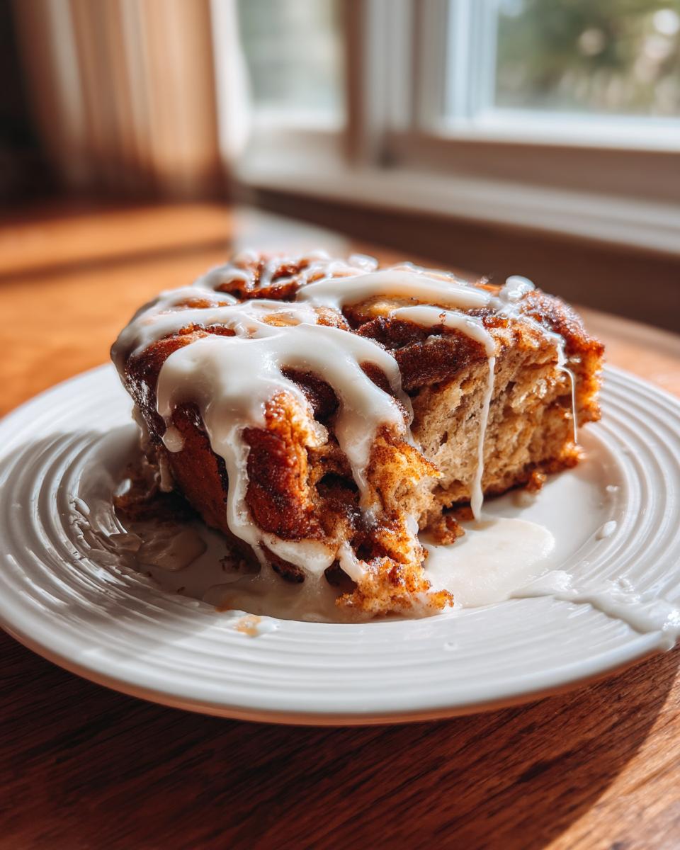 A close-up of a warm slice of cinnamon roll casserole topped with thick white icing, sitting on a white plate.