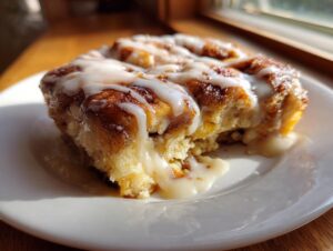 A close-up of a warm slice of cinnamon roll casserole covered in dripping white icing.