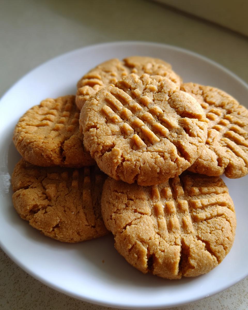 A small stack of freshly baked peanut butter cookies with classic criss-cross fork marks on a white plate.