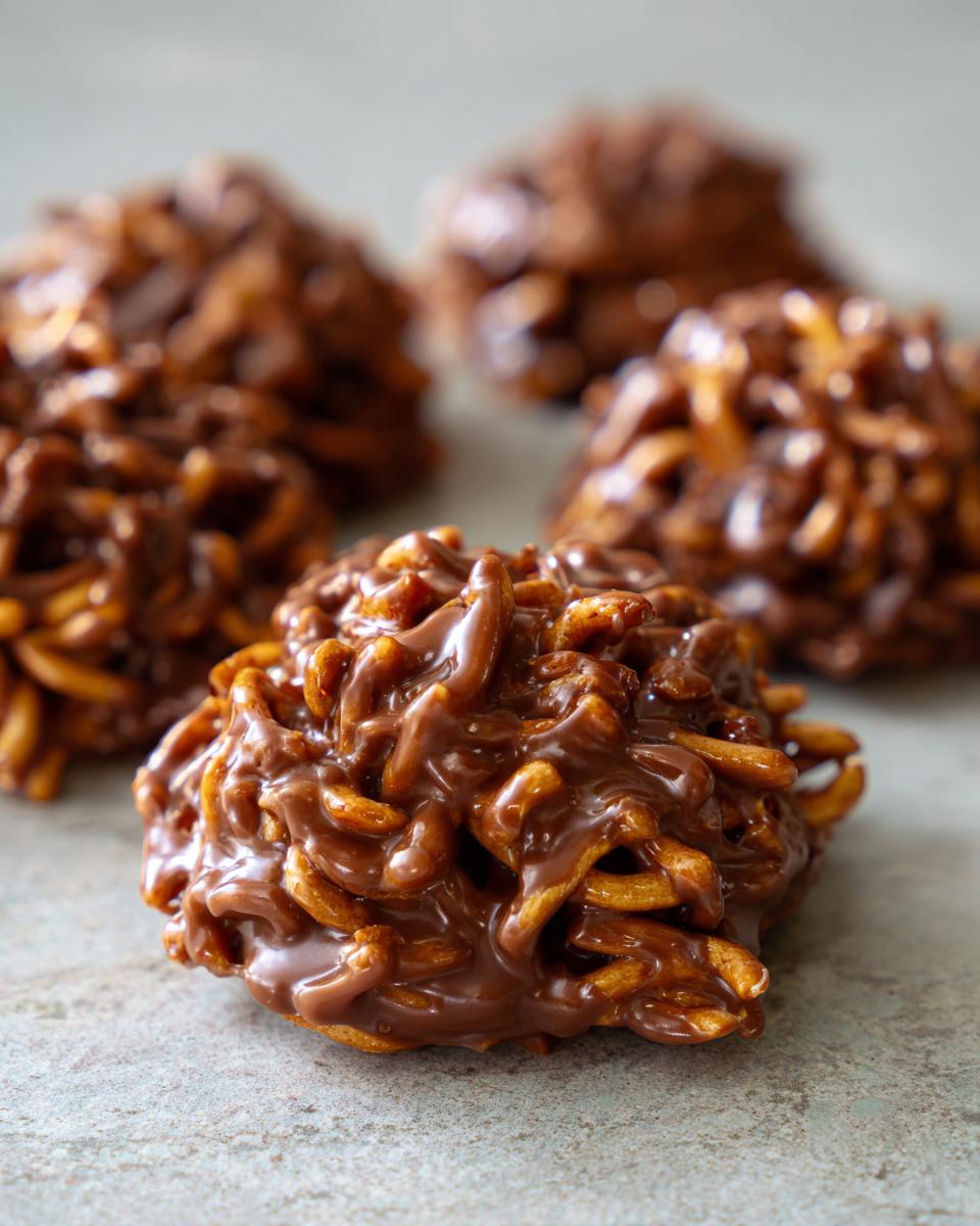 A close-up of a freshly made haystack cookie coated in melted chocolate, sitting on a grey surface.