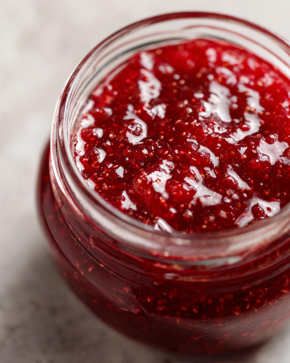 Close-up of bright red, textured christmas jam filled to the top of a clear glass canning jar.