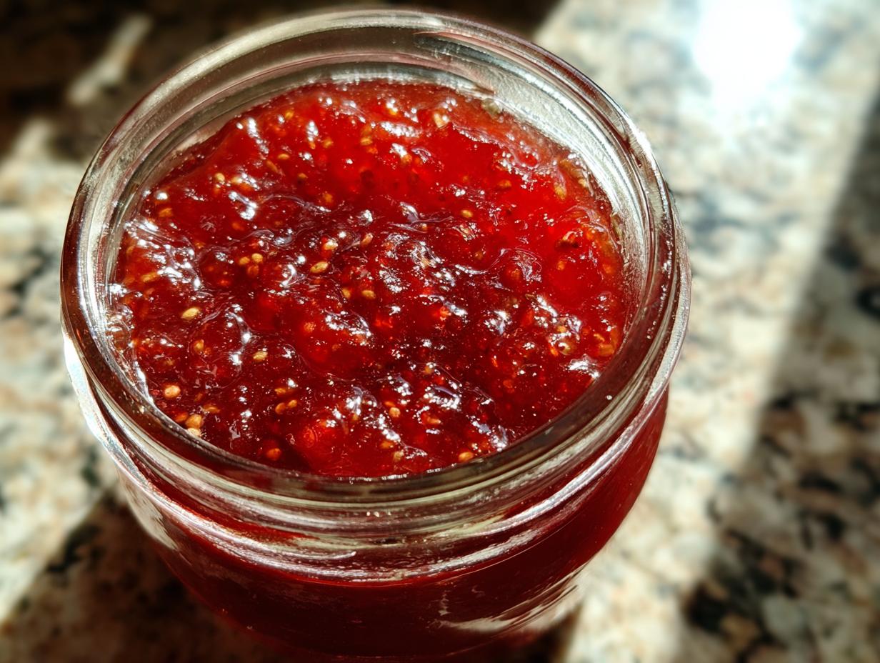 Close-up, top-down view of thick, glistening red christmas jam filled in a clear glass canning jar.