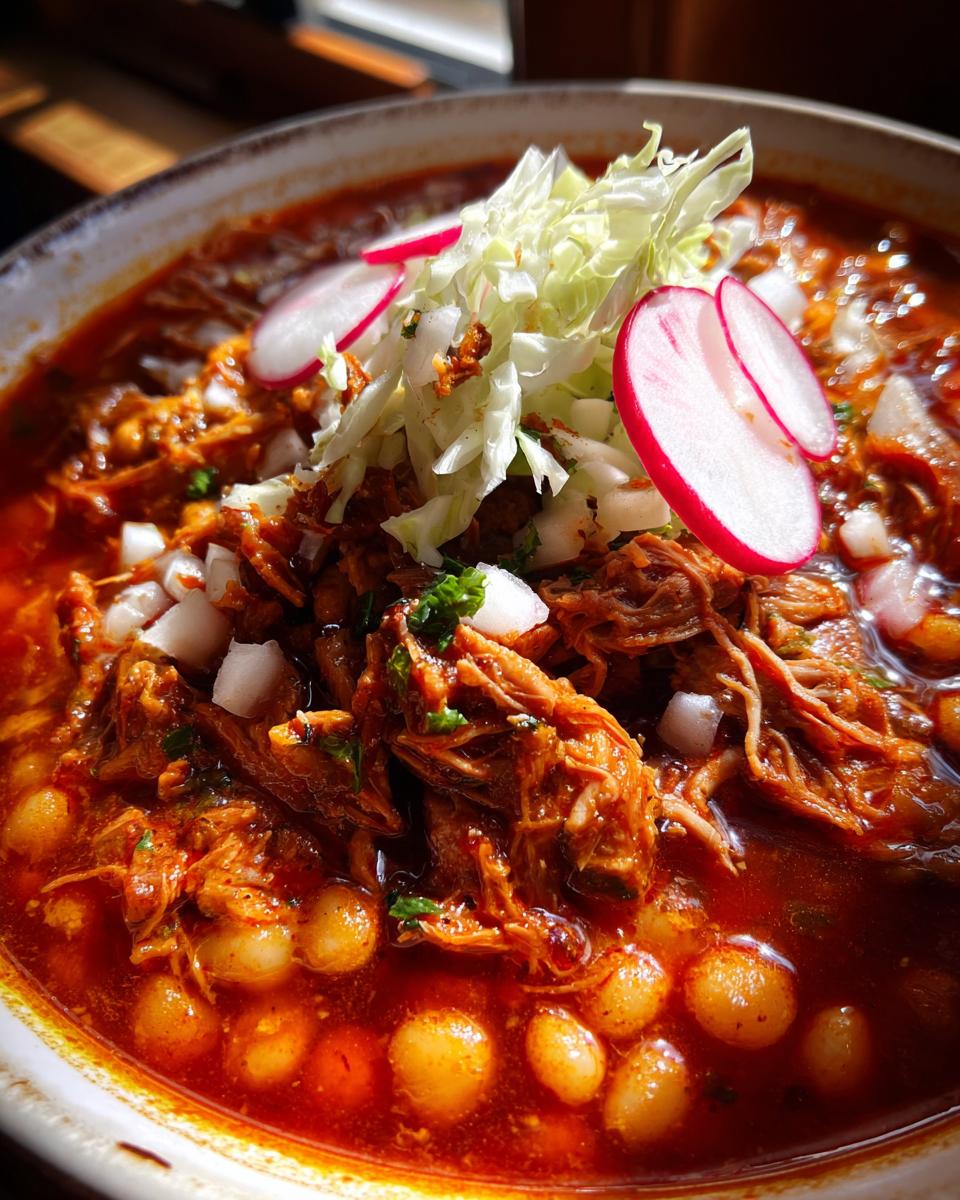 A close-up bowl of vibrant red Pozole rojo featuring shredded pork, hominy, and topped with shredded cabbage, radishes, and onion.