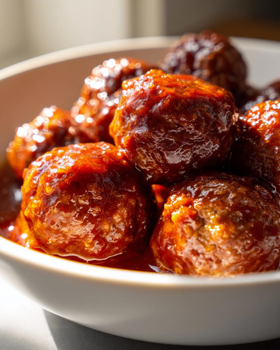 A close-up shot of several glazed, saucy cocktail meatballs nestled in a white serving bowl.